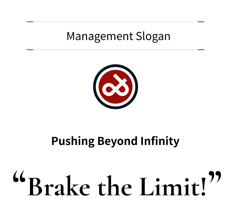 Management Slogan　Pushing Beyond Infinity Brake the Limit!！